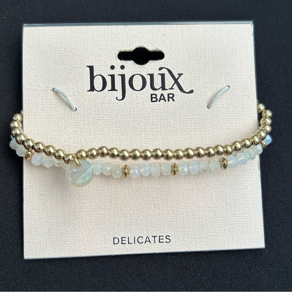 Bijoux Bar Delicates Gold and White Dainty Beaded Stretch Bracelet-Set of 2. NWT